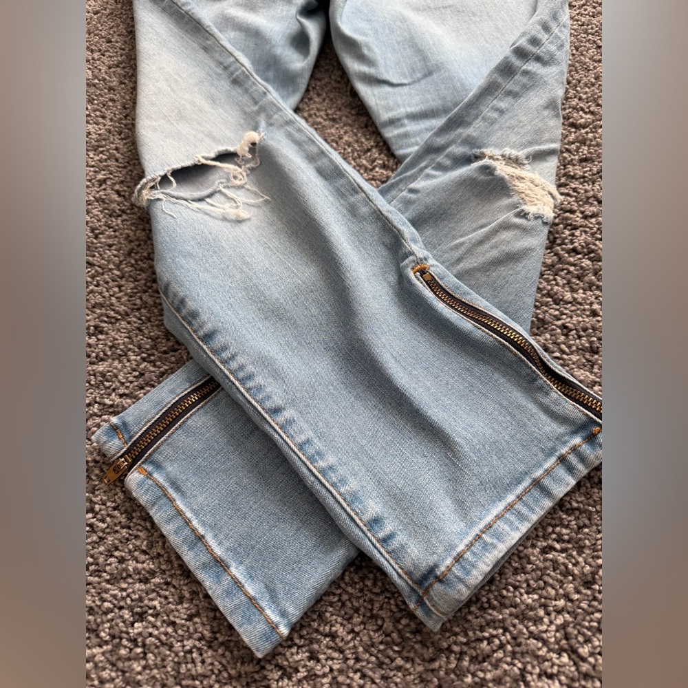 Banana Republic Distressed Skinny Ankle Jeans 32 Short Light Wash Zip Hem